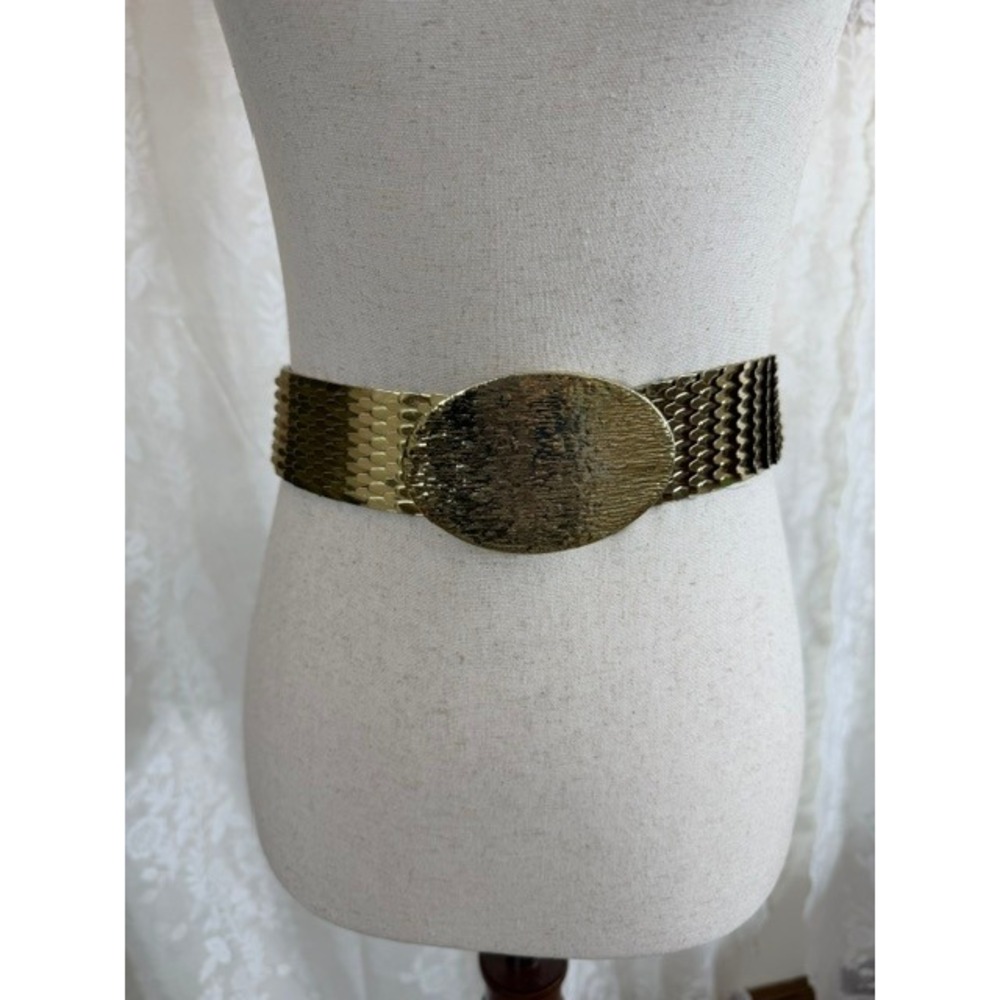 Vintage Gold Tone Fish Scale Stretch Belt Textured Oval Buckle Metallic Mesh
